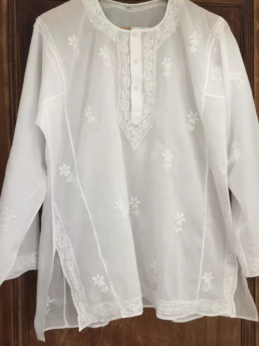 White Voile Kurti Top with Hand-Stitched Embroidery