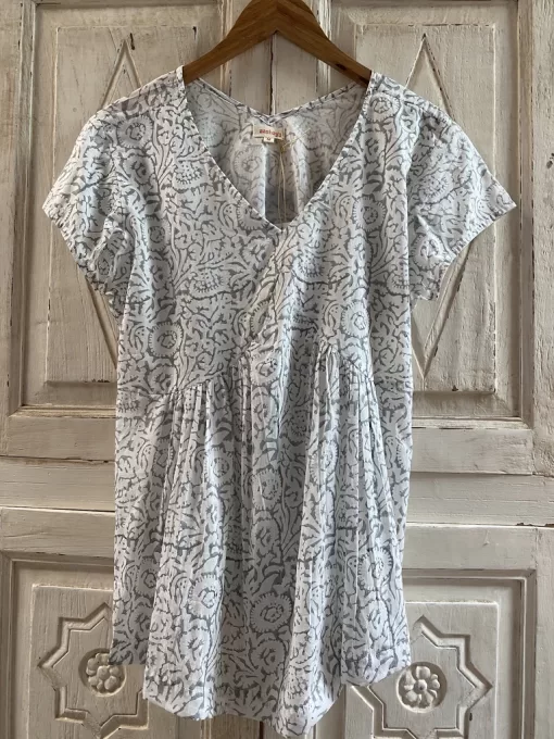 Smock Top, Block Printed in Ash Grey Floral with White Cami