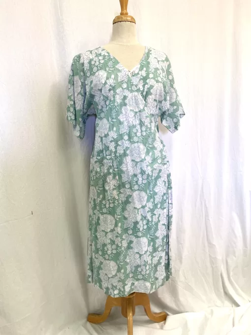 Sage Sea Green Floral Cotton Wrap Dress with Pockets & Floral Slip