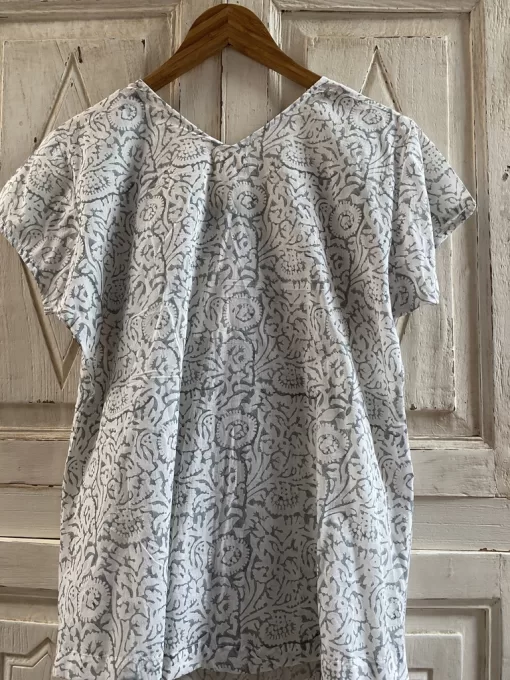 Smock Top, Block Printed in Ash Grey Floral with White Cami - Image 4