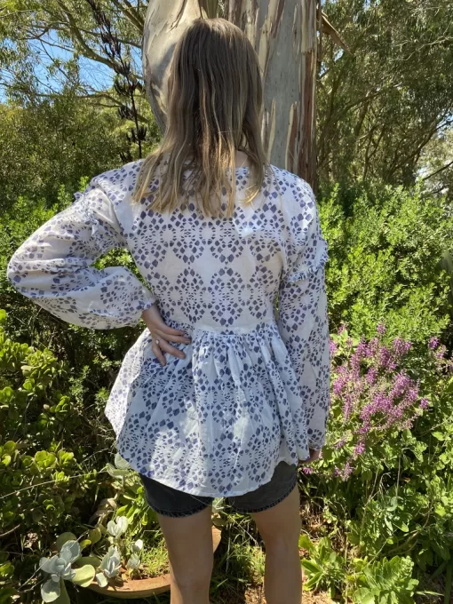 White Peasant Top with Blue Hand Block Printed Diamond Pattern - Image 4