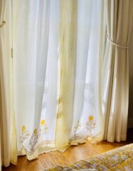 Yellow Hand Block Printed Cotton Voile Tie Curtains