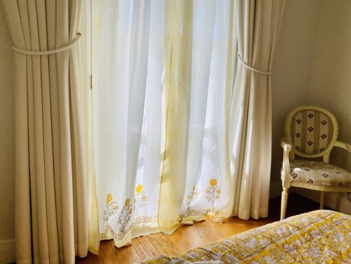 Yellow Hand Block Printed Cotton Voile Tie Curtains