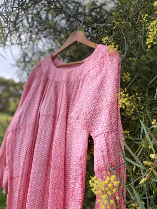 Peasant Top Pink Floral Cotton Hand Block Printed