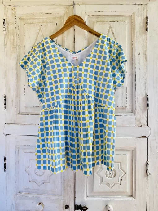 Smock Top, Block Printed in Blue and Yellow Check with White Cami