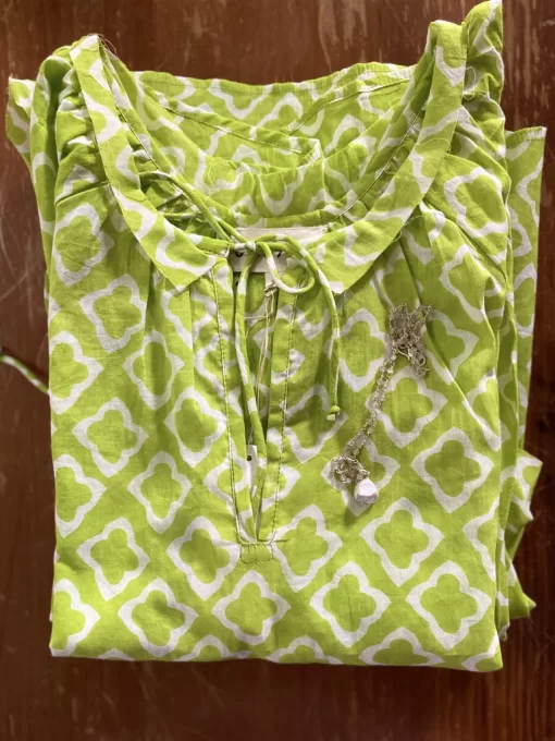 Cotton Top in Lime Block Print with 3/4 Raglan Sleeve - Image 2