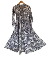 Long Caftan Dress -Ikat Cotton Block Print - River Stone Grey